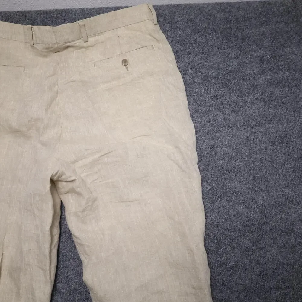 Franco Lotti Dress Pants Mens 36 Beige Linen Lined Flat Front Summer Trousers
